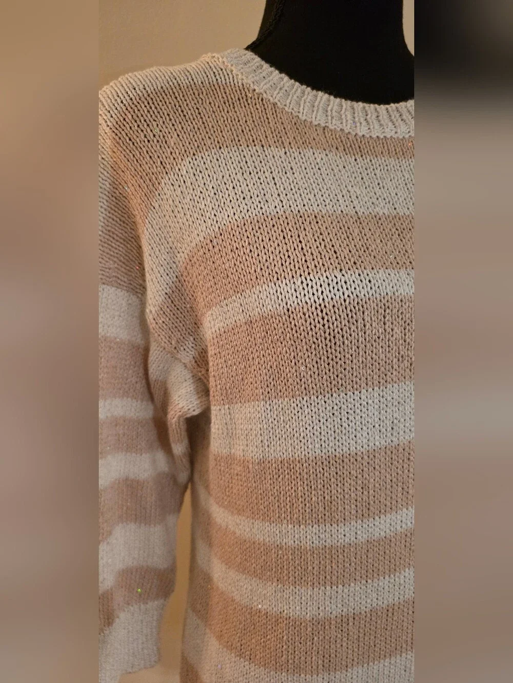 Saks Sparkley Ladies Striped Crewneck Sweater in Tan & White (Med) Viscose Blend